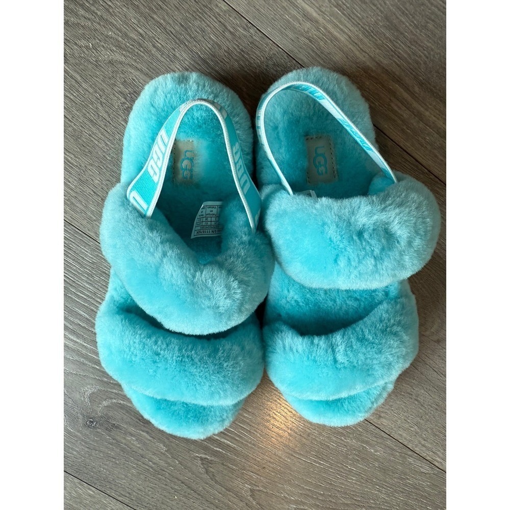 UGG Kids Fluff Yeah Slide Turquoise Blue Sheepskin Cozy Sandals Size 4 - Picture 5 of 6